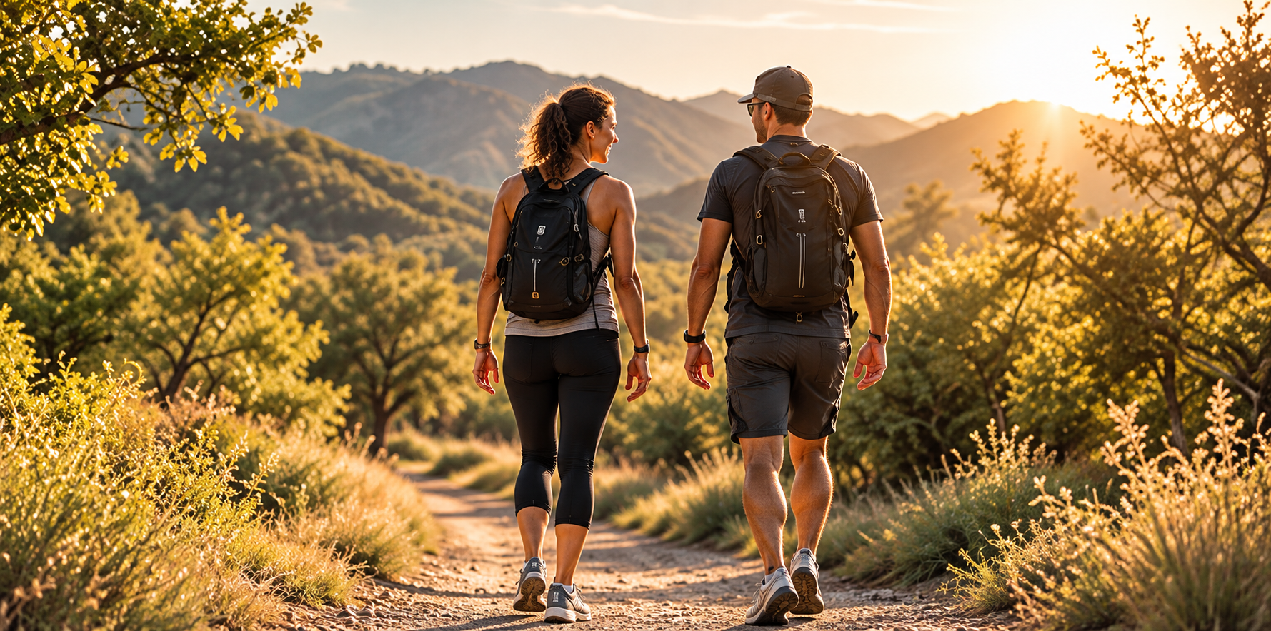 Golden-Hour Hikers on a Mountain Trail